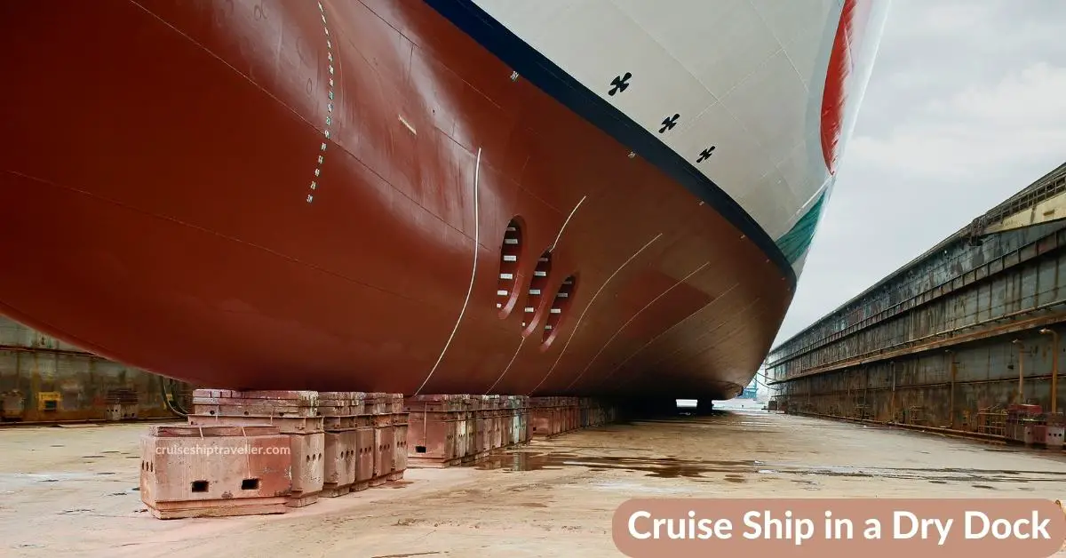 Cruise ship supported in dry dock