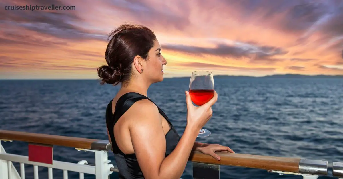 Single lady on a cruise overlooking sunset