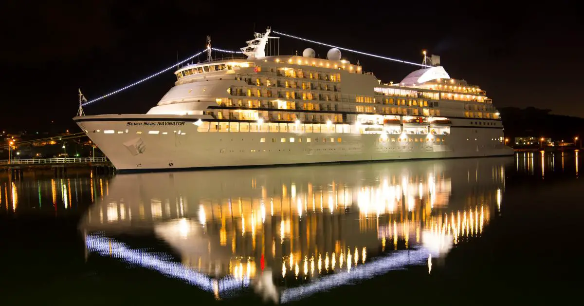Regent Seven Seas Navigator Cruise Ship Illuminated in port 