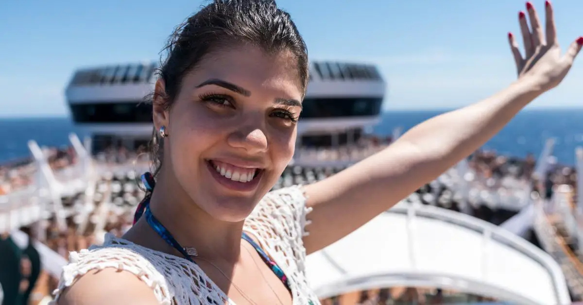 Single Woman Selfie on Top Deck of Cruise Ship 
