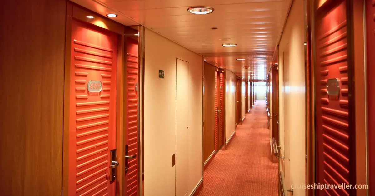 Cruise ship doors down corridor of cruise ship