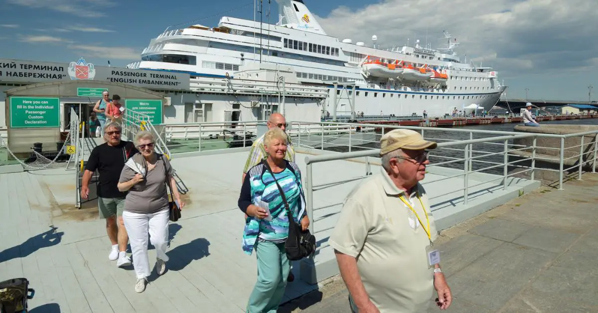 Senior guests disembarking cruise ship