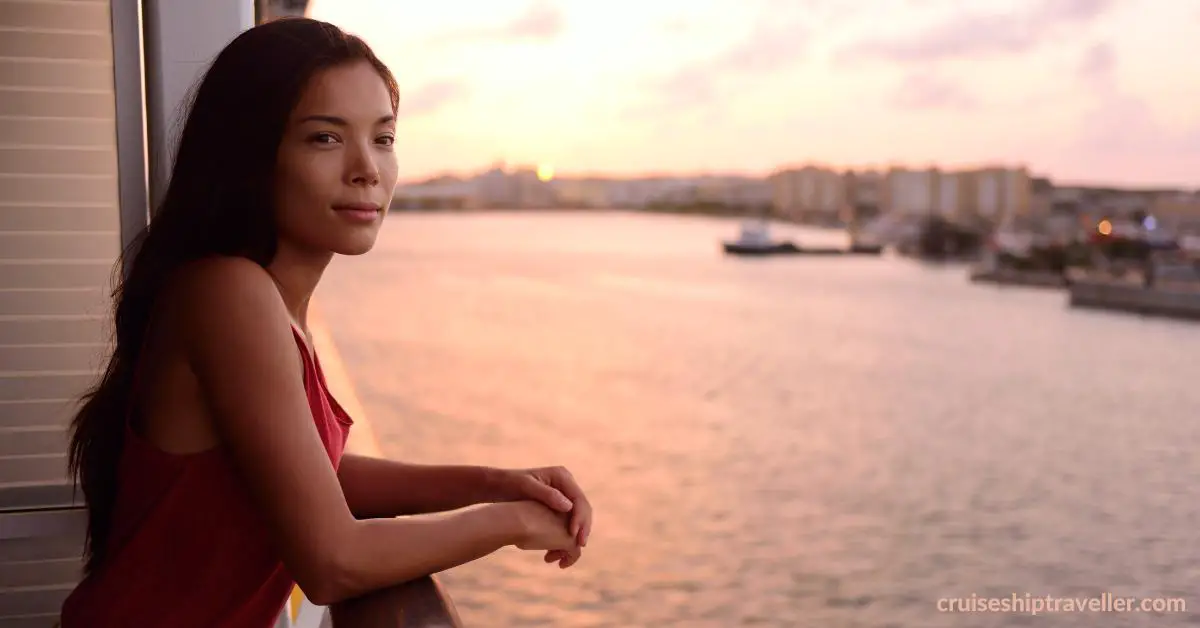 Woman overlooking cruise balcony not smoking